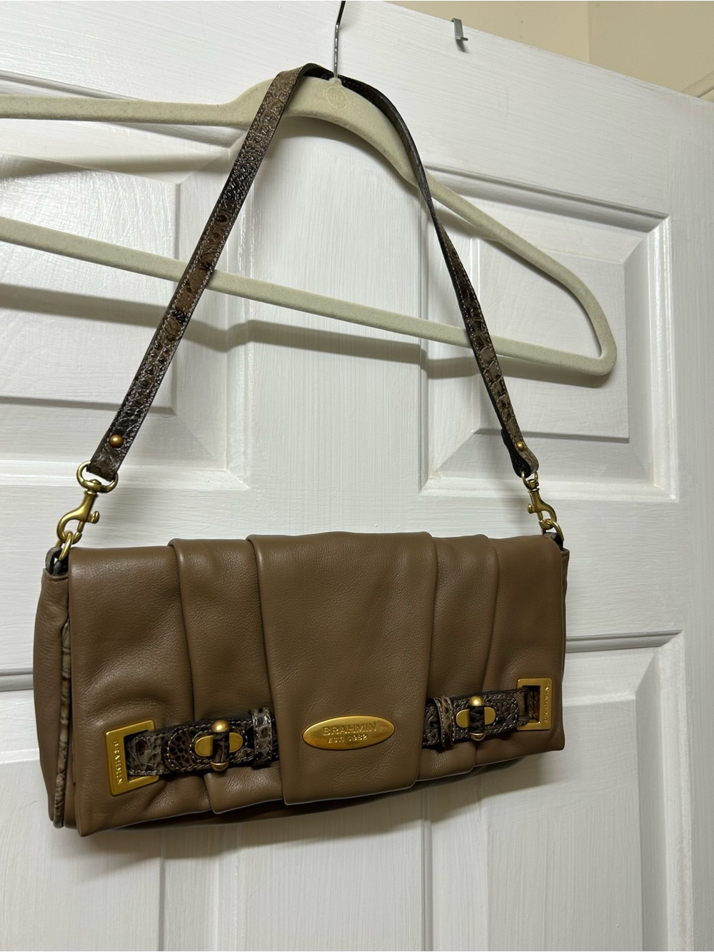 Brahmin Taupe Leather Fold-Over Clutch with Gold Hardware - Picture 2 of 3
